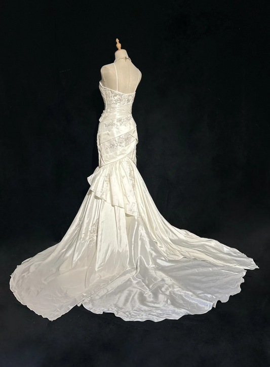 Vestido de novia retro de los años 60, estilo sirena, tirantes finos, sin mangas, encaje, largo, blanco, elegante, DH1120