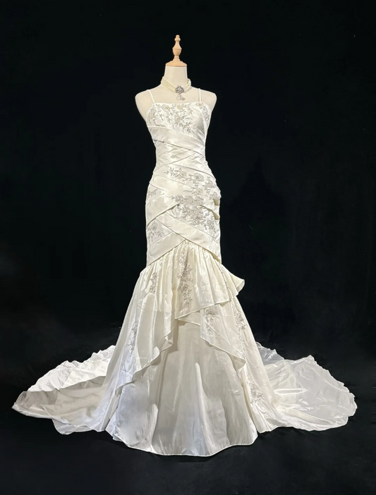 Vestido de novia retro de los años 60, estilo sirena, tirantes finos, sin mangas, encaje, largo, blanco, elegante, DH1120