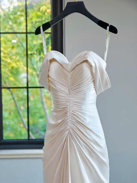 Vestido de novia modesto con hombros descubiertos, satén rosa claro, plisado, largo, elegante, DH1122