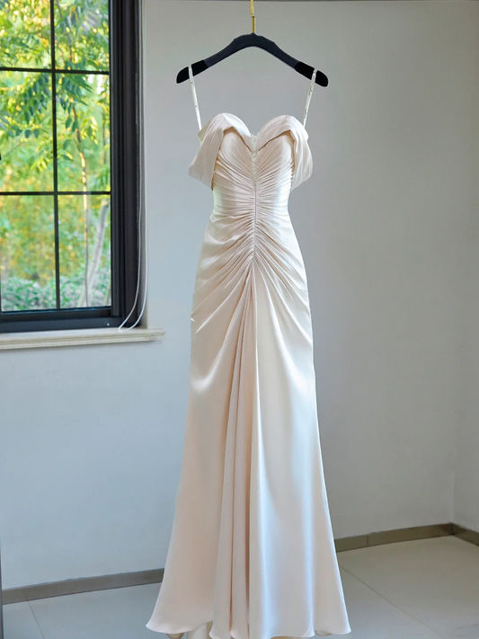 Vestido de novia modesto con hombros descubiertos, satén rosa claro, plisado, largo, elegante, DH1122