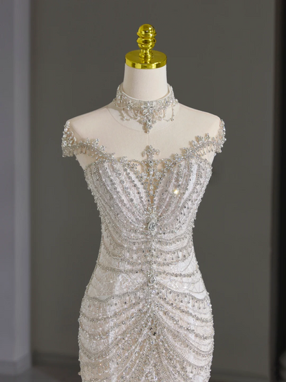 Vestido de novia modesto de corte sirena, escote redondo, mangas casquillo, tul, cuentas plateadas, largo blanco, elegante, DH1123