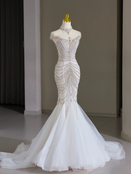 Vestido de novia modesto de corte sirena, escote redondo, mangas casquillo, tul, cuentas plateadas, largo blanco, elegante, DH1123