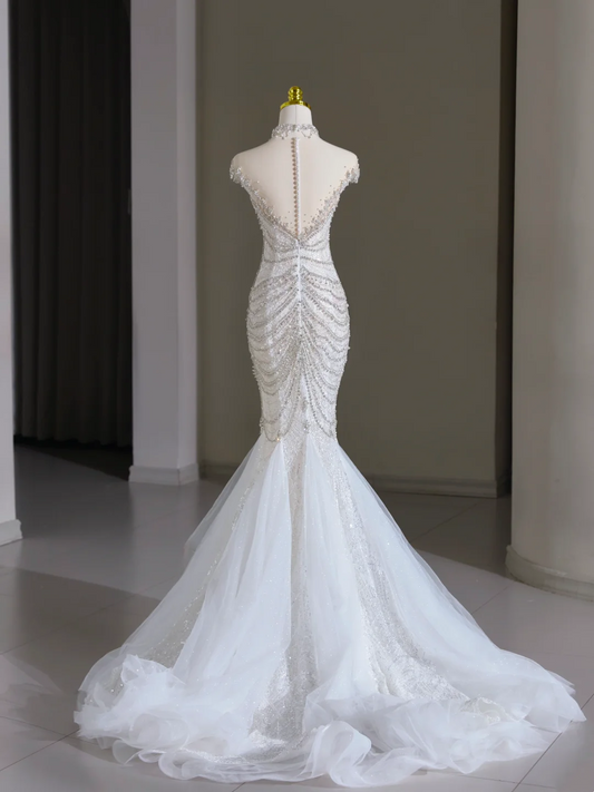 Vestido de novia modesto de corte sirena, escote redondo, mangas casquillo, tul, cuentas plateadas, largo blanco, elegante, DH1123