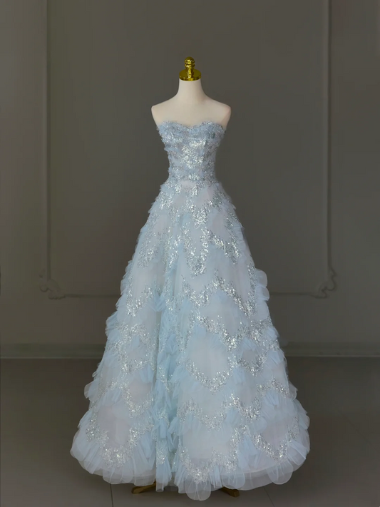 Hermoso vestido de fiesta de quinceañera largo de tul con escote corazón, azul claro, vestido formal de 15 años, vestido de dulces 16 DH1124