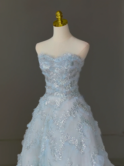 Hermoso vestido de fiesta de quinceañera largo de tul con escote corazón, azul claro, vestido formal de 15 años, vestido de dulces 16 DH1124