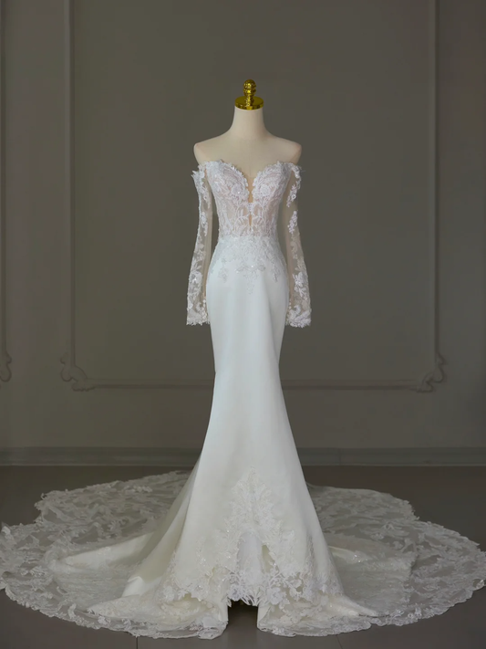 Vestido de novia modesto de corte sirena con hombros descubiertos, blanco, mangas largas, encaje satinado, elegante, DH1125