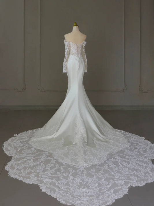 Vestido de novia modesto de corte sirena con hombros descubiertos, blanco, mangas largas, encaje satinado, elegante, DH1125