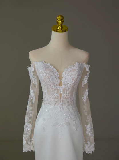 Vestido de novia modesto de corte sirena con hombros descubiertos, blanco, mangas largas, encaje satinado, elegante, DH1125
