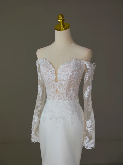 Vestido de novia modesto de corte sirena con hombros descubiertos, blanco, mangas largas, encaje satinado, elegante, DH1125
