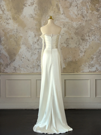 Vestido de novia modesto de corte sirena con hombros descubiertos, color marfil, mangas largas, encaje satinado, elegante, DH1126