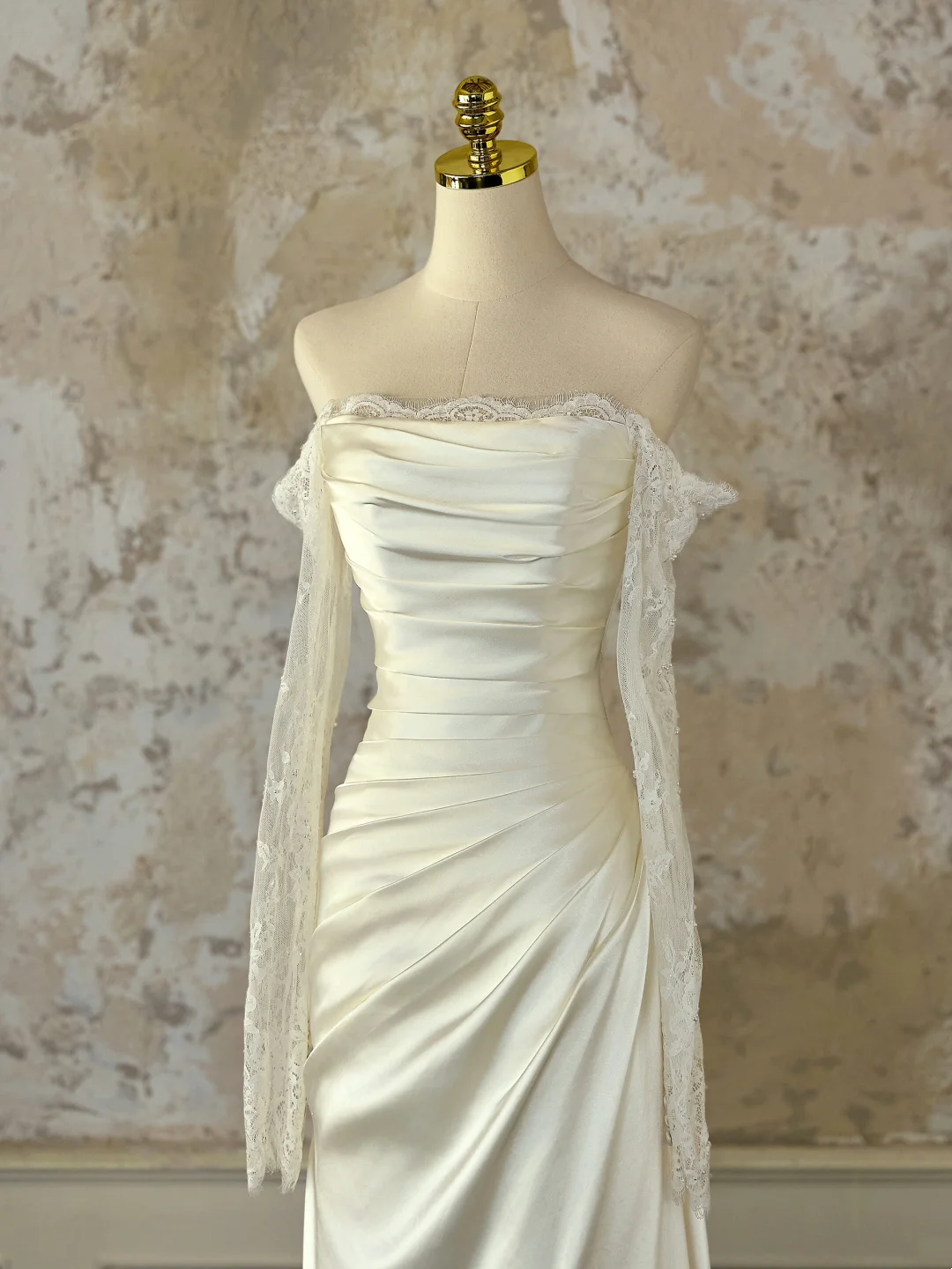 Vestido de novia modesto de corte sirena con hombros descubiertos, color marfil, mangas largas, encaje satinado, elegante, DH1126