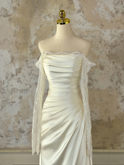Vestido de novia modesto de corte sirena con hombros descubiertos, color marfil, mangas largas, encaje satinado, elegante, DH1126