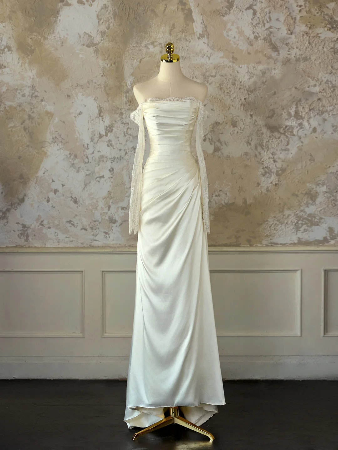 Vestido de novia modesto de corte sirena con hombros descubiertos, color marfil, mangas largas, encaje satinado, elegante, DH1126