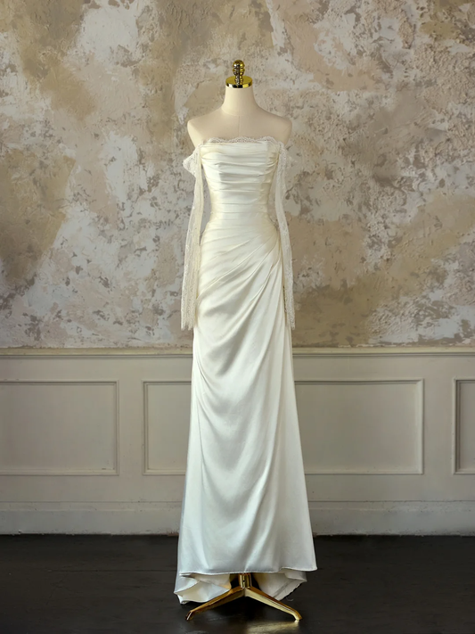 Vestido de novia modesto de corte sirena con hombros descubiertos, color marfil, mangas largas, encaje satinado, elegante, DH1126