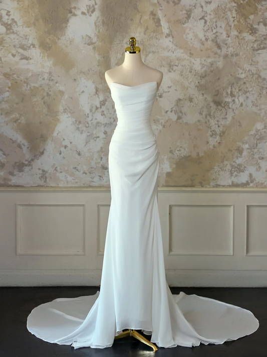 Vestido de novia modesto de corte sirena, escote corazón, sin mangas, de gasa, largo, blanco, elegante, DH1129