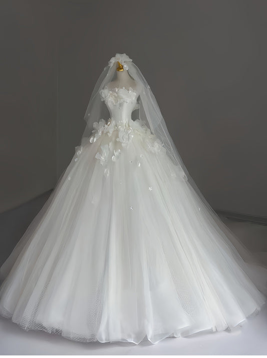 Hermoso vestido de novia, sin tirantes, blanco, largo, de tul, DH112