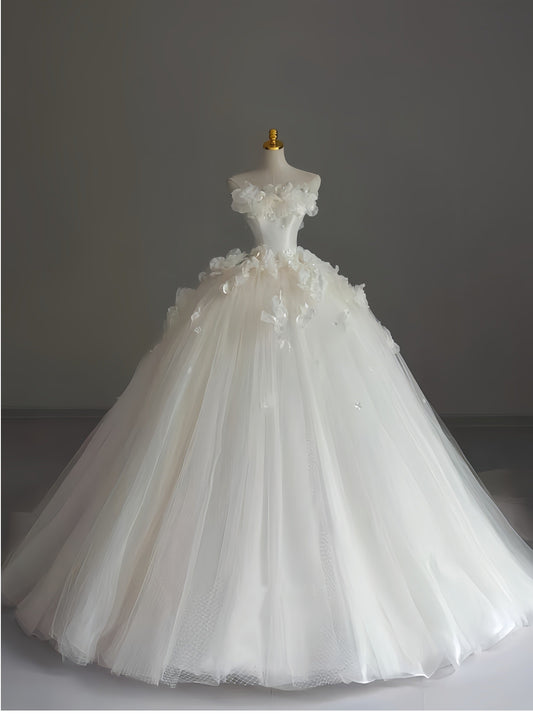 Hermoso vestido de novia, sin tirantes, blanco, largo, de tul, DH112