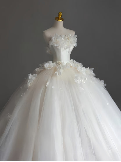 Hermoso vestido de novia, sin tirantes, blanco, largo, de tul, DH112