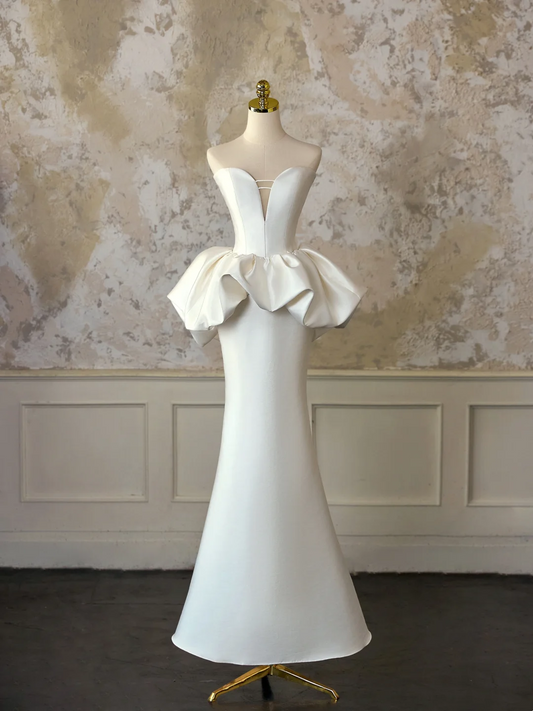 Vestido de novia modesto de corte sirena, escote corazón, sin mangas, satén, largo, color marfil, elegante, DH1130