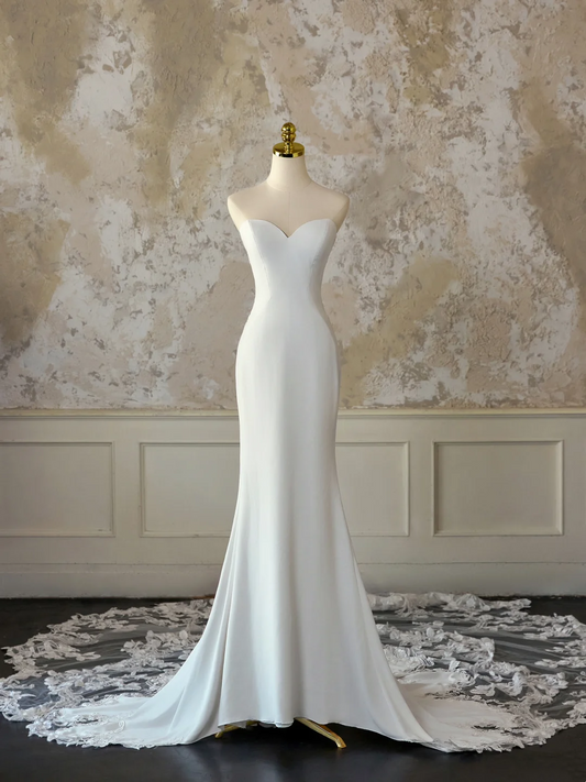 Vestido de novia modesto de corte sirena, escote corazón, sin mangas, satén, largo, de encaje blanco, elegante, DH1131