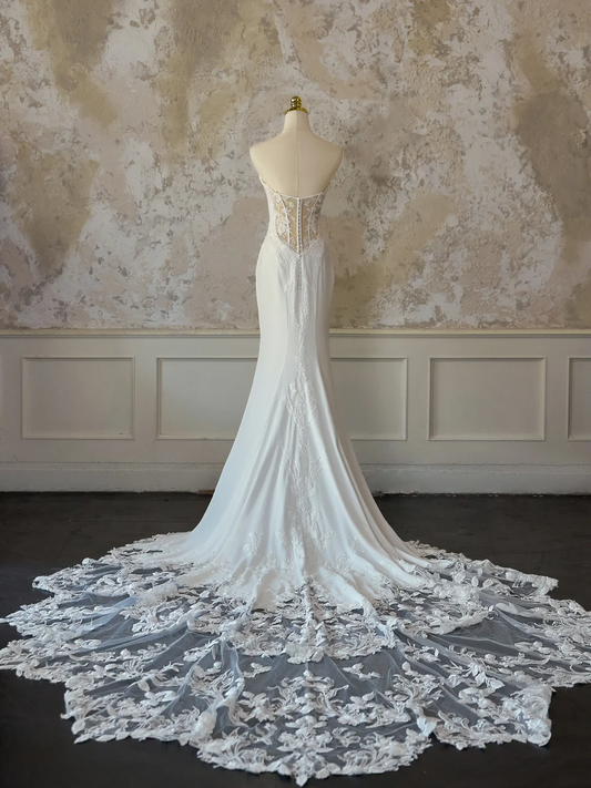 Vestido de novia modesto de corte sirena, escote corazón, sin mangas, satén, largo, de encaje blanco, elegante, DH1131