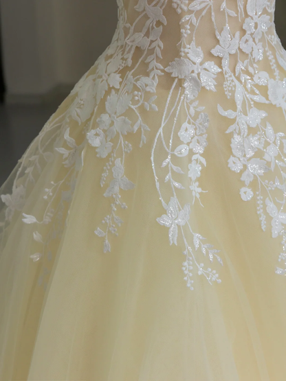 Hermoso vestido de fiesta de tul con cuello alto, amarillo claro, largo, para quinceañeras, formal, de 15 años, para dulces 16, DH1135