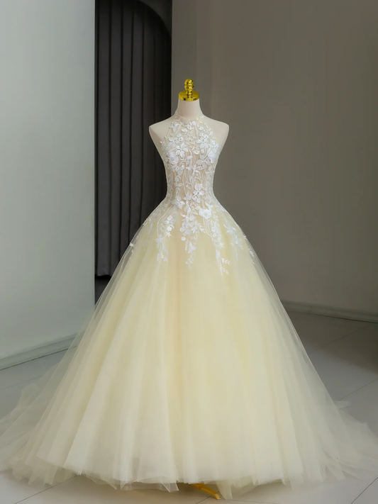 Hermoso vestido de fiesta de tul con cuello alto, amarillo claro, largo, para quinceañeras, formal, de 15 años, para dulces 16, DH1135