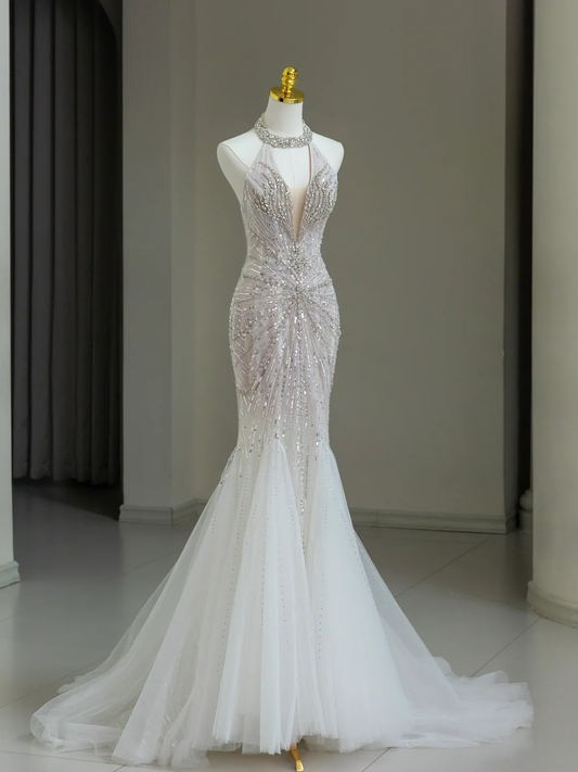 Vestido de novia modesto de corte sirena, escote redondo, tul, cuentas plateadas, largo, blanco, elegante, DH1136