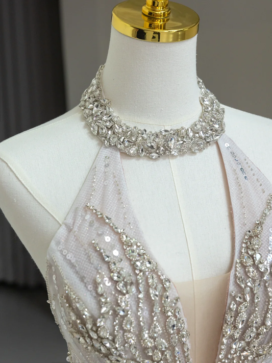 Vestido de novia modesto de corte sirena, escote redondo, tul, cuentas plateadas, largo, blanco, elegante, DH1136