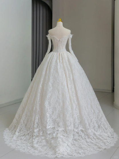 Vestido de novia único, de gala, con hombros descubiertos, encaje, mangas largas, blanco, años 50, vestidos de novia vintage, DH1137