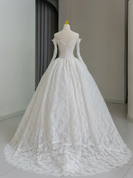 Vestido de novia único, de gala, con hombros descubiertos, encaje, mangas largas, blanco, años 50, vestidos de novia vintage, DH1137