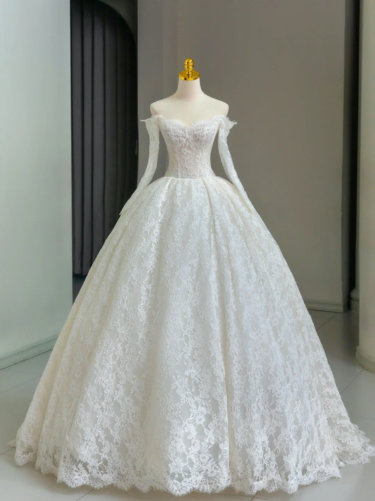 Vestido de novia único, de gala, con hombros descubiertos, encaje, mangas largas, blanco, años 50, vestidos de novia vintage, DH1137