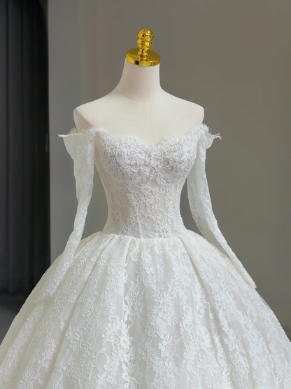 Vestido de novia único, de gala, con hombros descubiertos, encaje, mangas largas, blanco, años 50, vestidos de novia vintage, DH1137