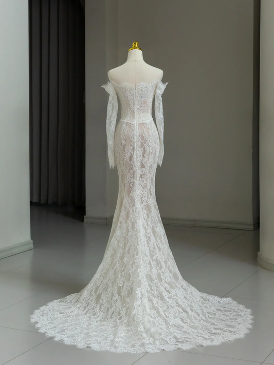 Vestido de novia modesto de corte sirena con hombros descubiertos, blanco, mangas largas, encaje, elegante, DH1138