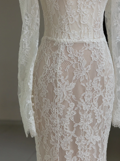 Vestido de novia modesto de corte sirena con hombros descubiertos, blanco, mangas largas, encaje, elegante, DH1138