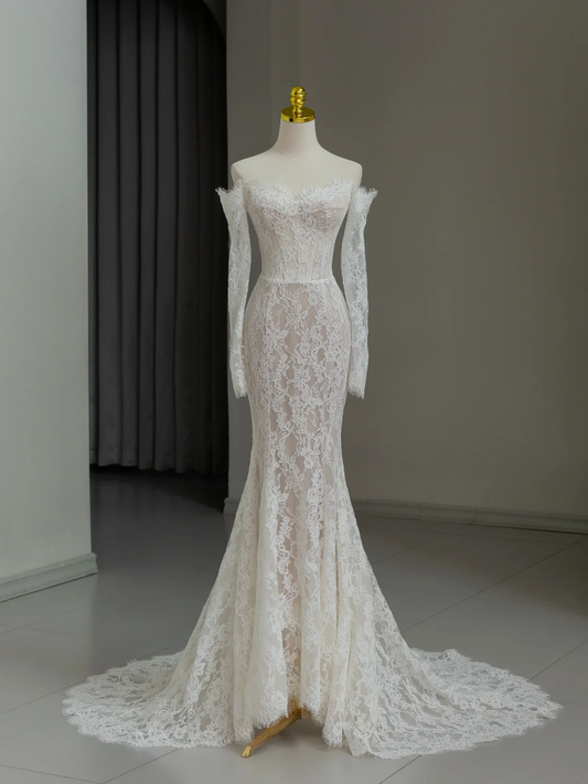 Vestido de novia modesto de corte sirena con hombros descubiertos, blanco, mangas largas, encaje, elegante, DH1138
