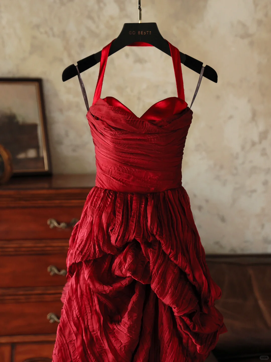 Elegante vestido de fiesta largo de satén rojo vino con cuello halter, para fiesta de verano, para 20 cumpleaños y 18 años, DH1139