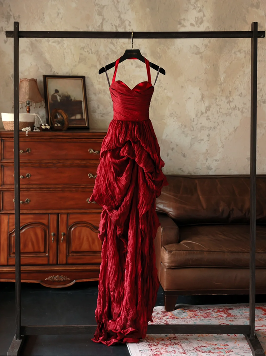 Elegante vestido de fiesta largo de satén rojo vino con cuello halter, para fiesta de verano, para 20 cumpleaños y 18 años, DH1139