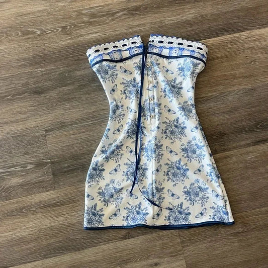 Lindos vestidos de fiesta de verano para octavo grado, de corte A, sin tirantes, con estampado floral azul, cortos y formales, DH114