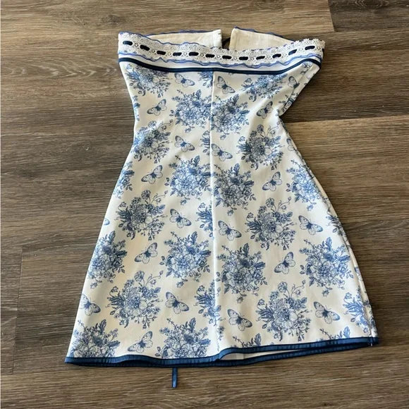 Lindos vestidos de fiesta de verano para octavo grado, de corte A, sin tirantes, con estampado floral azul, cortos y formales, DH114