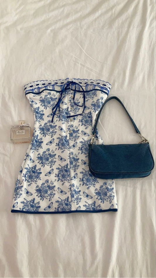 Lindos vestidos de fiesta de verano para octavo grado, de corte A, sin tirantes, con estampado floral azul, cortos y formales, DH114