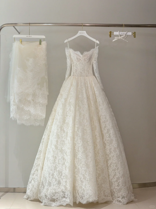 Vestido de novia único, vestido de fiesta con hombros descubiertos, encaje, mangas largas, blanco, años 50, vestidos de novia vintage, DH1141