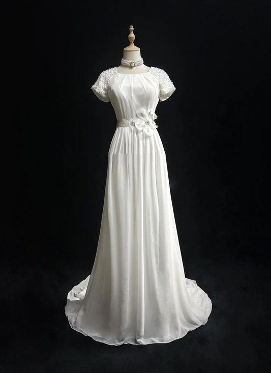 Vestido de novia modesto, corte A, escote cuadrado, blanco, mangas cortas, de gasa, Timeless Brides, DH1142