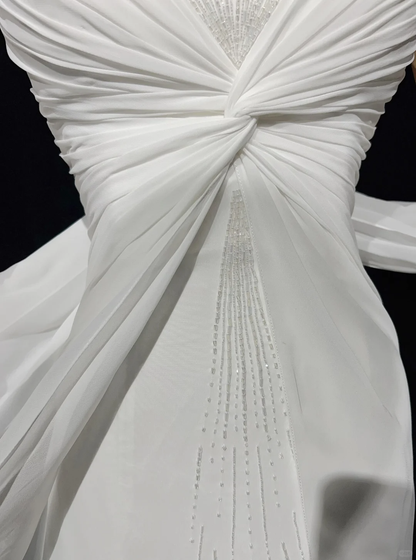 Vestido de novia único, corte A, tirantes finos, gasa, largo, blanco, años 50, vestidos de novia vintage, DH1144