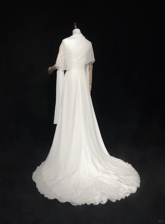 Vestido de novia único, corte A, tirantes finos, gasa, largo, blanco, años 50, vestidos de novia vintage, DH1144
