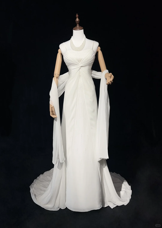 Vestido de novia único, corte A, tirantes finos, gasa, largo, blanco, años 50, vestidos de novia vintage, DH1144