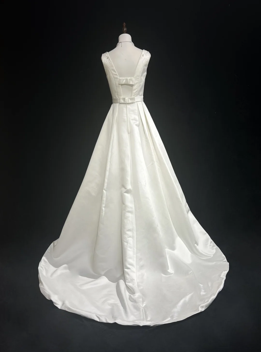 Vestido de novia único, vestido de fiesta, escote cuadrado, largo, blanco, de satén, años 70, vestidos de novia vintage DH1146