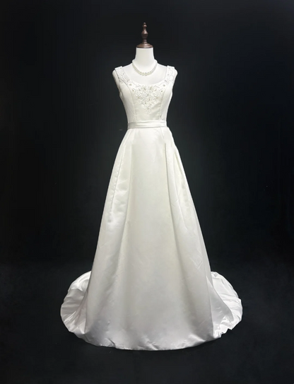 Vestido de novia único, vestido de fiesta, escote cuadrado, largo, blanco, de satén, años 70, vestidos de novia vintage DH1146