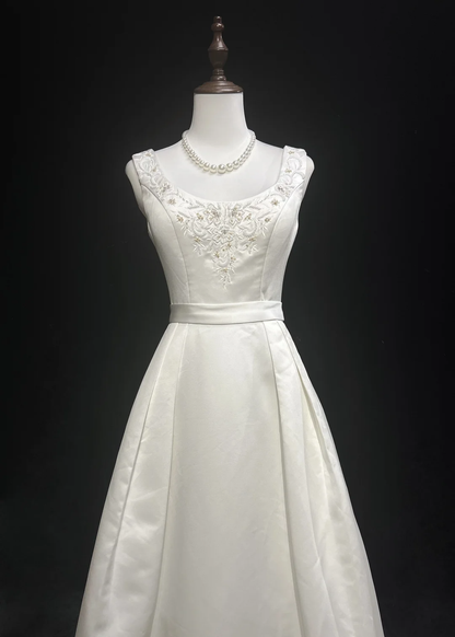 Vestido de novia único, vestido de fiesta, escote cuadrado, largo, blanco, de satén, años 70, vestidos de novia vintage DH1146