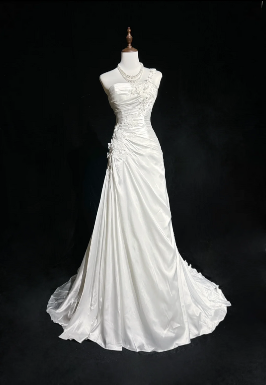 Vestido de novia clásico y elegante, corte sirena, un hombro, largo, blanco, de satén, años 70, estilo vintage, DH1147